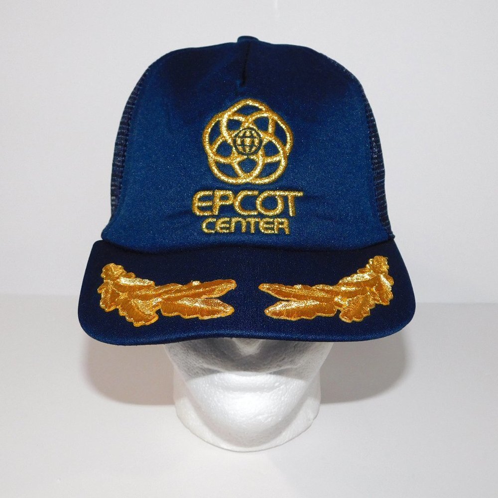 Vintage 80s Disney EPCOT Center Blue Gold Embroidered Snap back Trucker Hat Cap